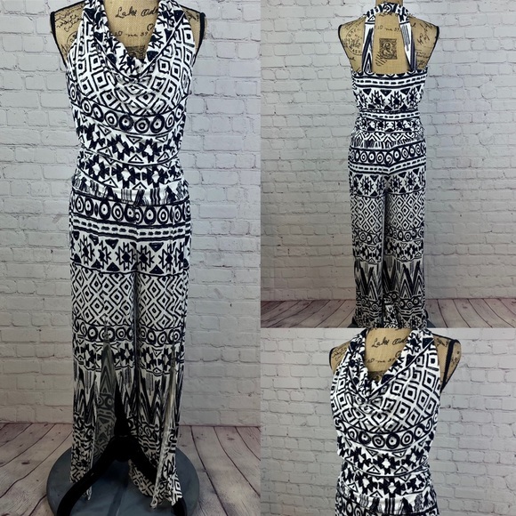 CATO Black/white Print Cowl Neck Ruch Waist Open Back Split Legs Jumpsuit - Picture 1 of 1